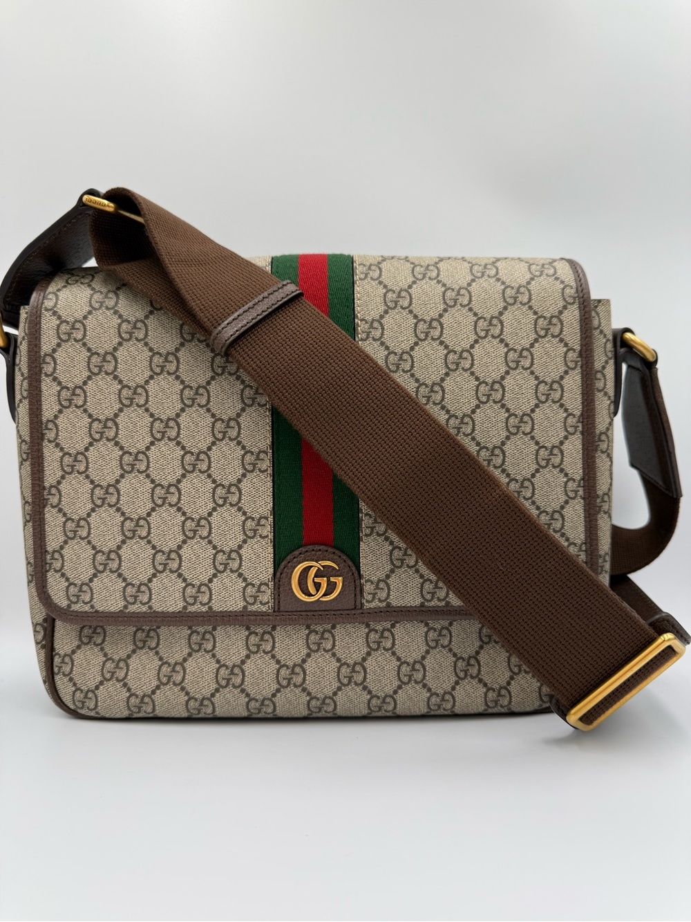 Gucci Beige GG Supreme Messenger Bag with Brown Strap and Green-Red Stripe